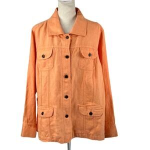 J. Jill Linen Trucker Jacket Orange Jean Style Long Sleeves Oversized Casual